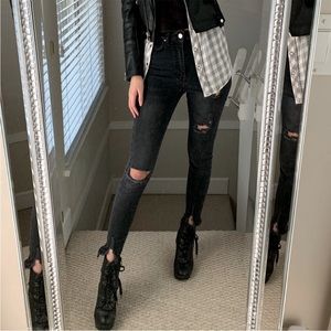 F21 High Waisted Ripped Skinny Jeans Black 25
